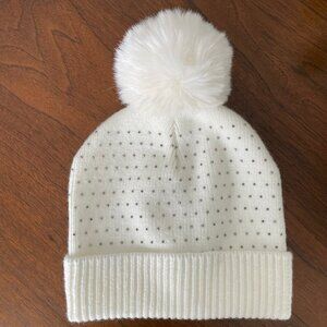 Time and Tru Cozy Acrylic Polyester Blend Knit Toque w Pom Pom & Beads Cream OS